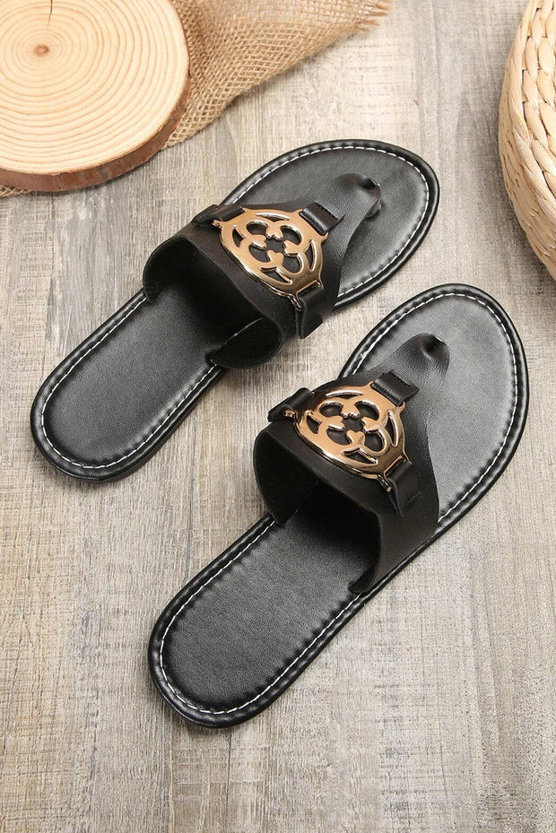 Beige Vintage Metal Decor Leather Thong Slides Shoes