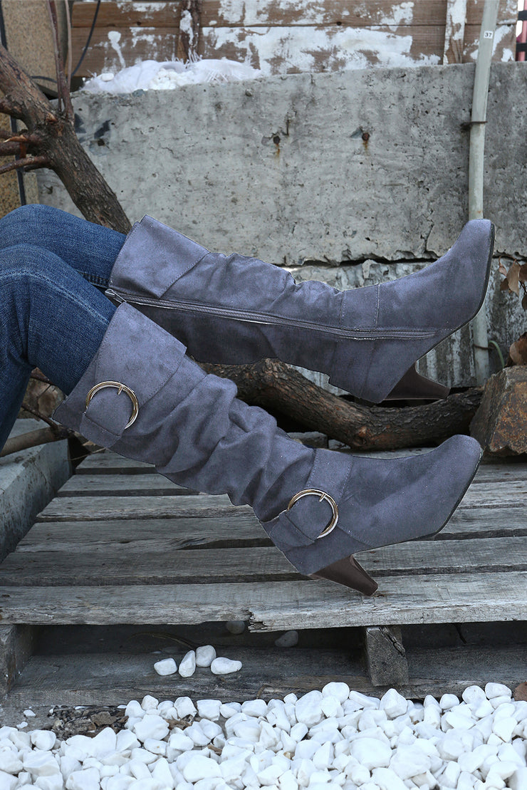 Navy Blue Dual Buckle Strap Side Zip Heeled Mid Calf Boots