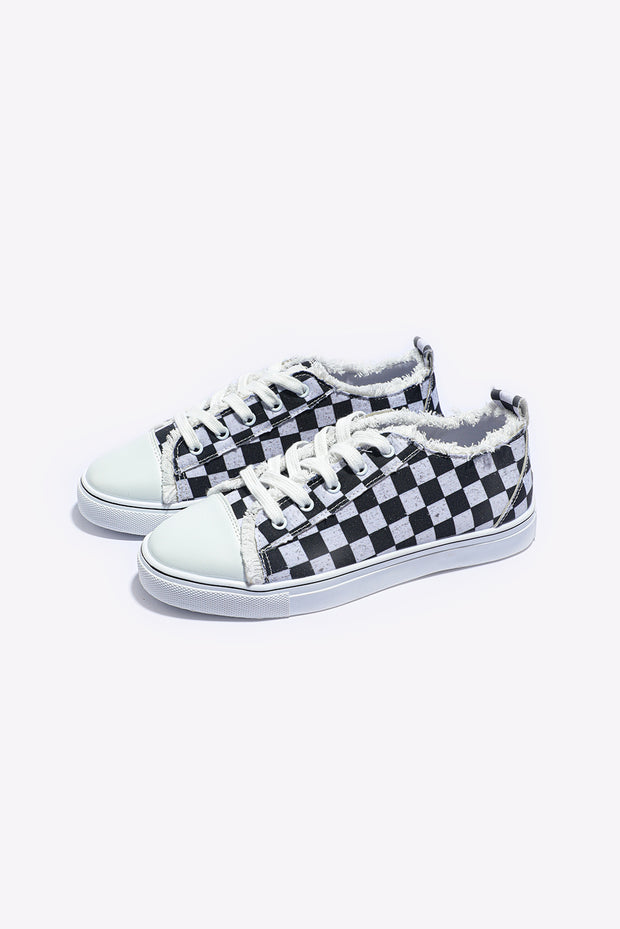 Black Checkered Print Raw Edge Lace-up Canvas Sneakers