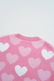 Pink Pearled Heart Print Valentines Crew Neck Sweater