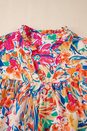 Multicolour Floral Print Bell Sleeve V Neck Blouse