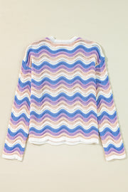 Purple Stripe Wavy Pointelle Knit Drop Shoulder Sweater