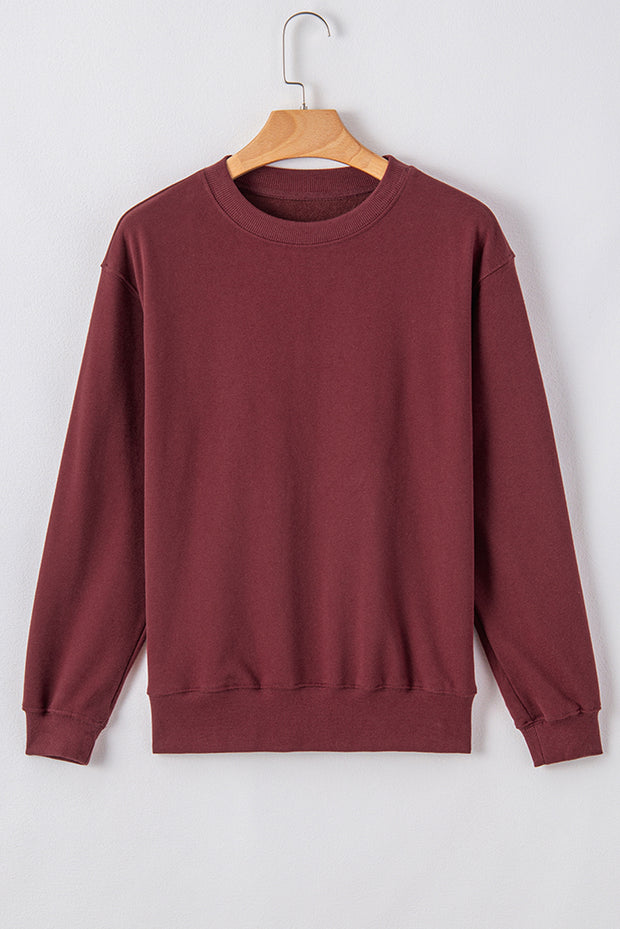 Burgundy Plain Drop Shoulder Crewneck Pullover Sweatshirt