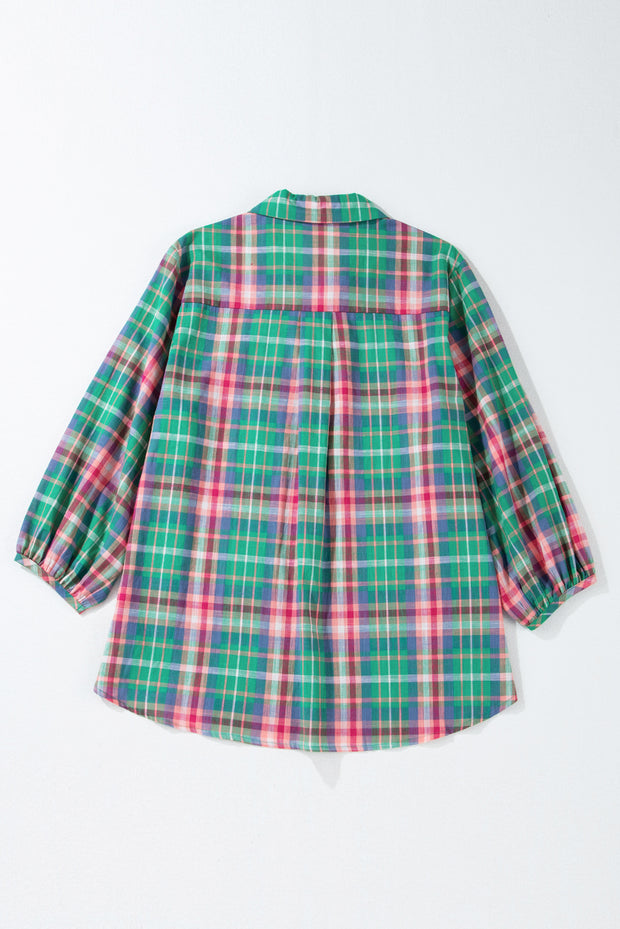 Green Checkered 3/4 Sleeve Collared Loose Fit Shirt