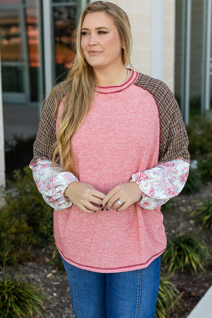 Pink Checkered Paisley Patchwork Raglan Sleeve Seamed Plus Size Top