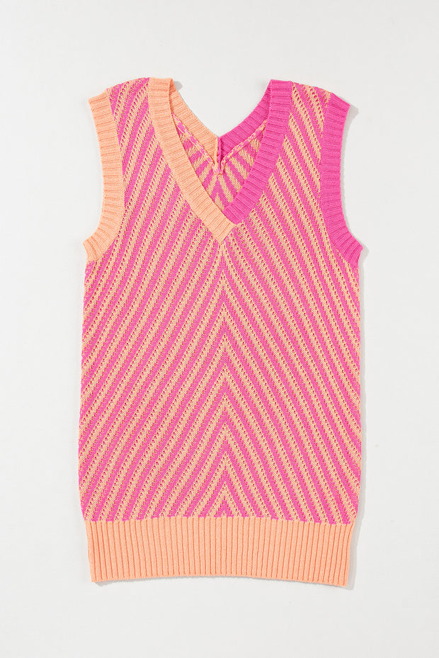 Strawberry Pink Contrast Chevron Knit V Neck Sweater Vest