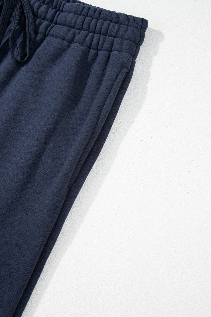 Navy Blue Solid Color Fleece Lined Drawstring Waist Casual Pants