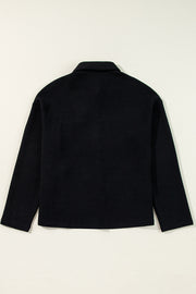 Black Solid Color Corduroy Buttoned Long Sleeve Shacket