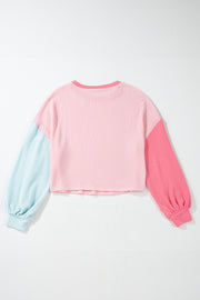 Pink Corded Colorblock Patchwork Drop Shoulder Long Sleeve Top