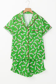 Green Christmas Candy Cane Print Pocketed Knotted Pajama Set