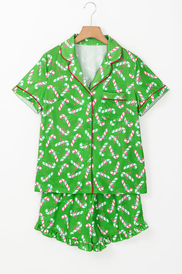 Green Christmas Candy Cane Print Pocketed Knotted Pajama Set