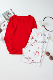 Red Solid Top and Christmas Pants Two Piece Lounge Set