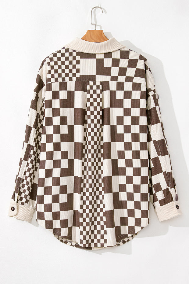 Brown Color Block Checkered Print Corduroy Plus Size Shacket