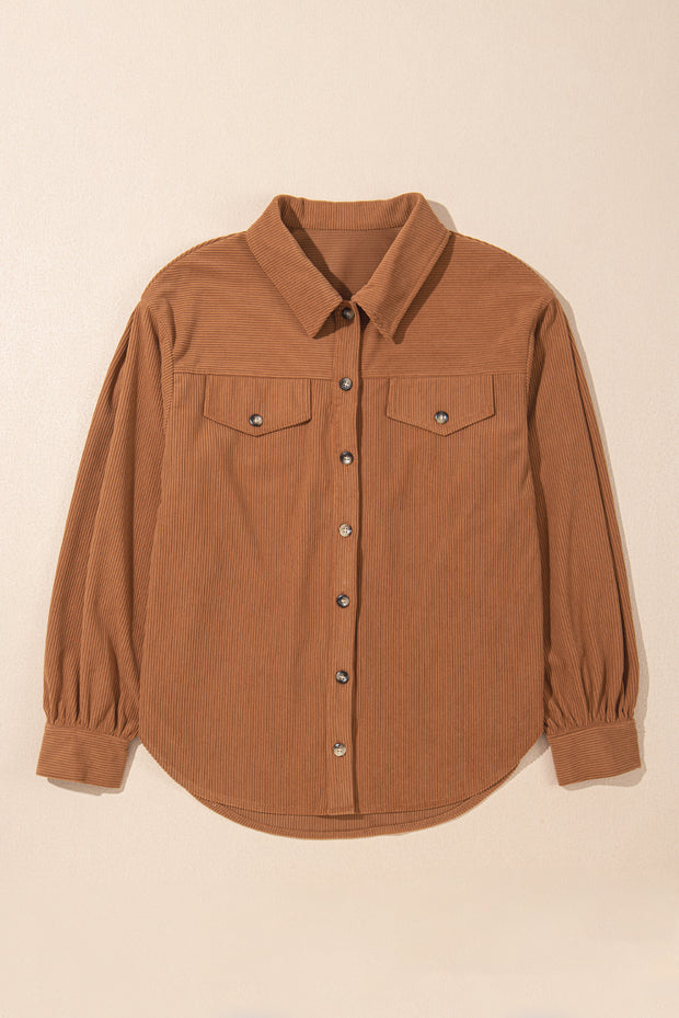 Cinnamon Corduroy Flap Pocket Button Up Round Hem Shacket