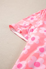 Pink Flower Print Short Sleeve Shirt Pajamas Set