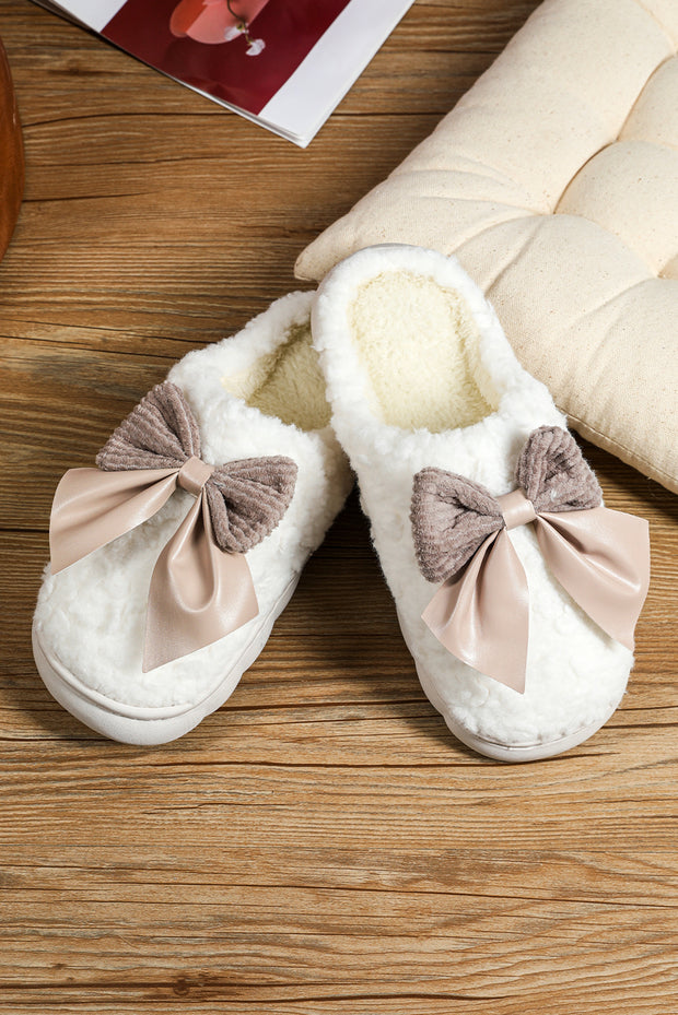 White Contrast Bowknot Applique Plush Winter Slippers (Bow Colors May Differ by Batch)