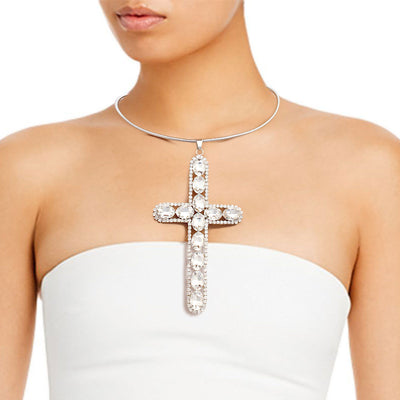 Silver Rigid Collar Elegant Cross Necklace