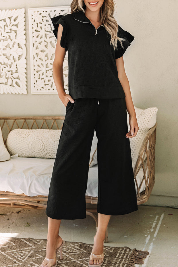 Black Textured Flutter Sleeve Top Wide Leg Pants Set