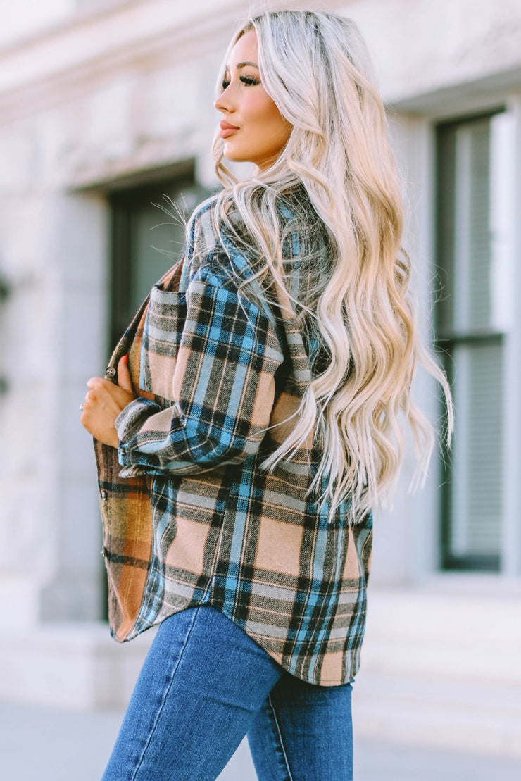 Brown Plaid Color Block Buttoned Shirt with Pockets