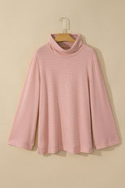 Pink Stripe Cowl Neck Side Slits Loose Fit Long Sleeve Top