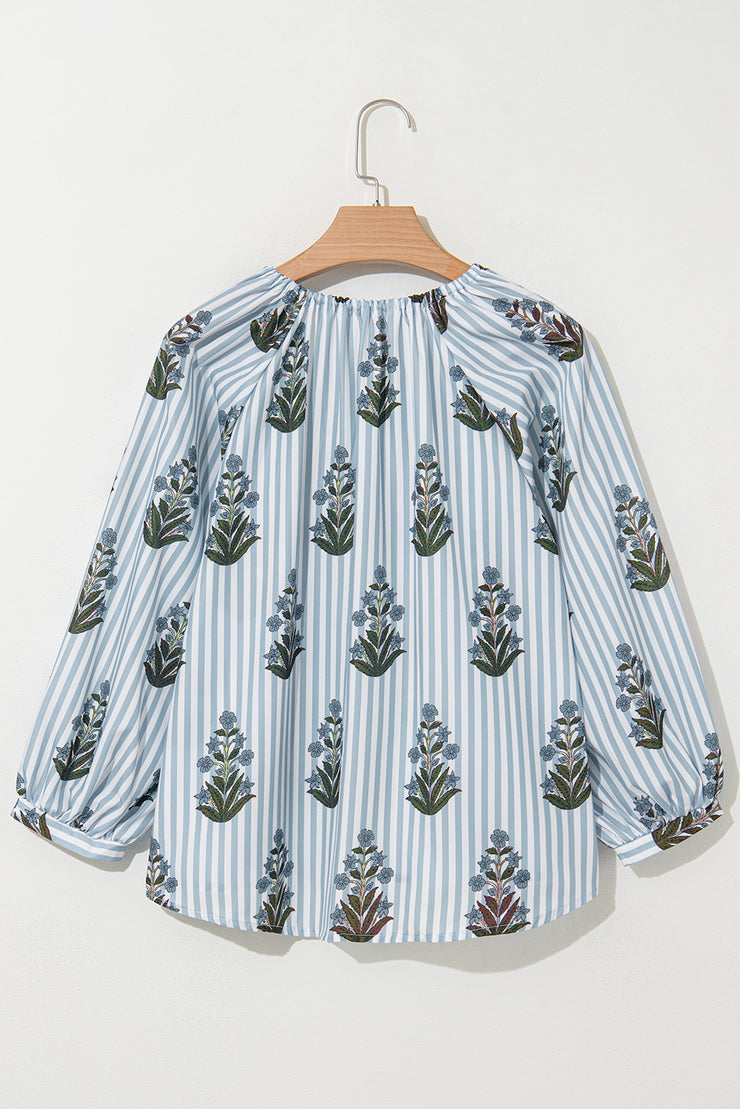 Beau Blue Striped Floral Printed Long Sleeve Tied V Neck Blouse