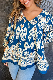 Blue Tribal Geometric Print 3/4 Sleeve Flowy Fit Blouse