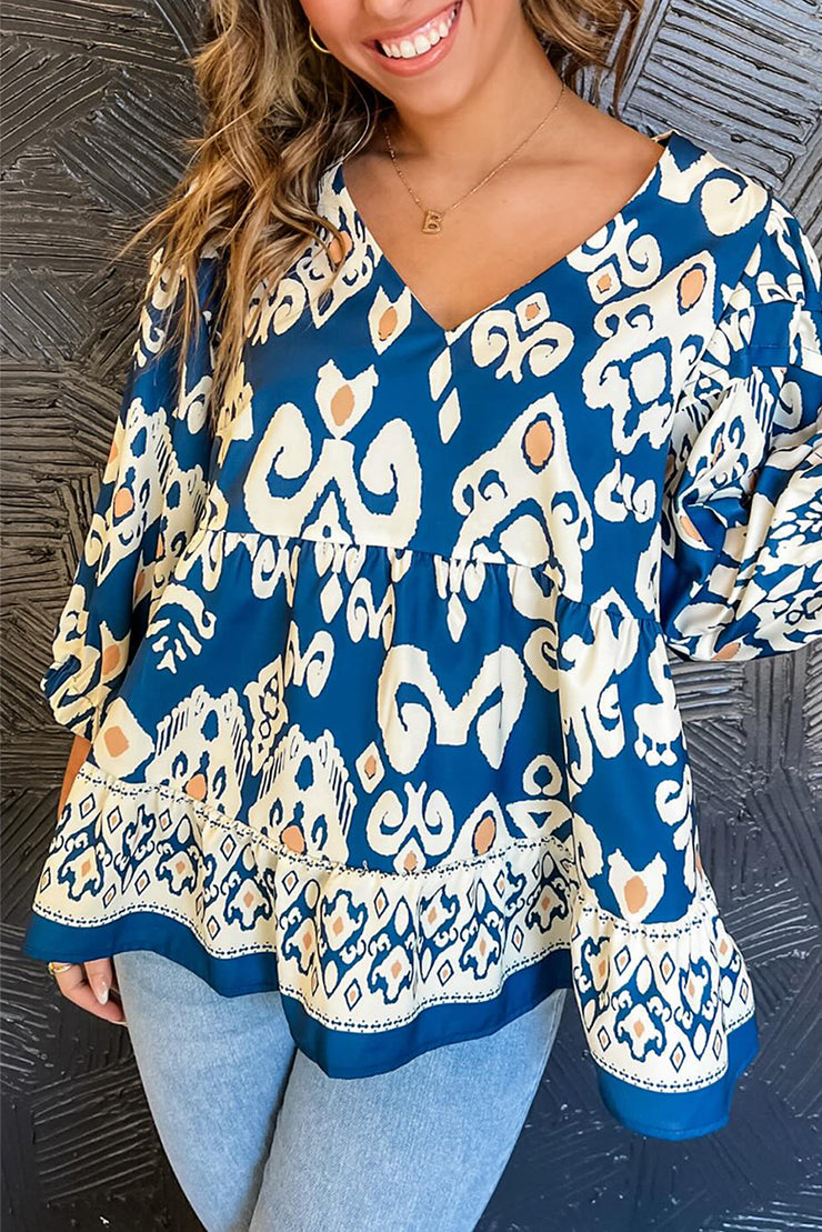 Blue Tribal Geometric Print 3/4 Sleeve Flowy Fit Blouse