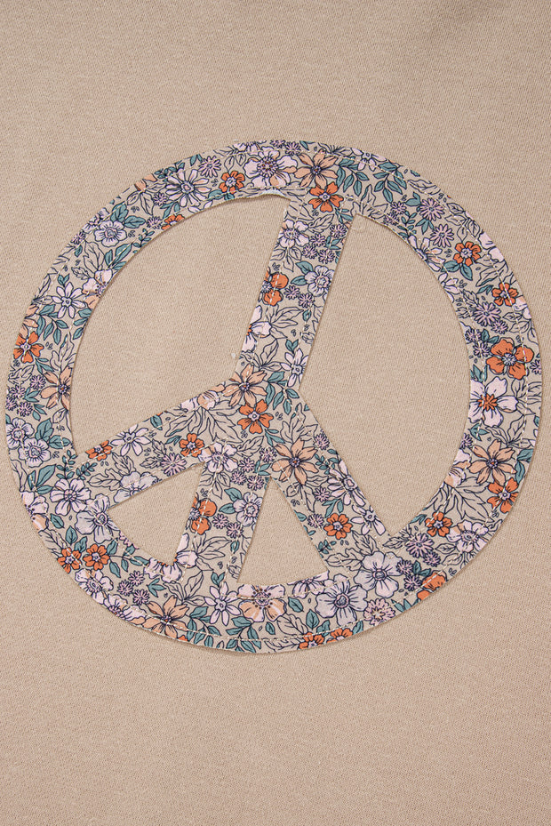 Pale Khaki Floral Peace Sign Graphic Washed Terry Plus Size Sweatshirt