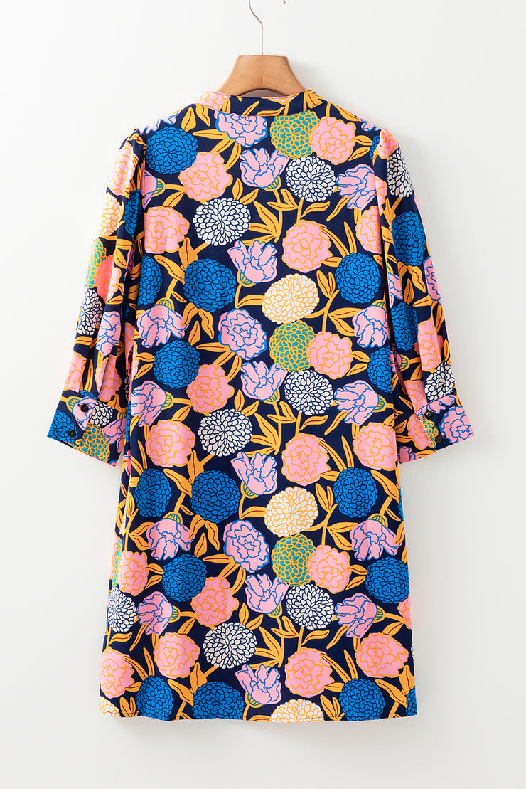 Navy Blue Hydrangea Floral Print Bishop Sleeve V Neck Shift Dress