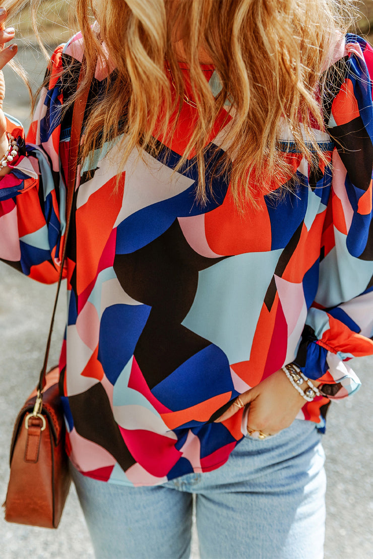 Abstract Pattern Crewneck Ruffled Puff Sleeve Blouse