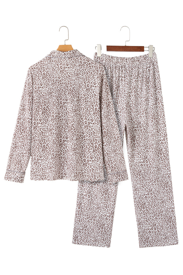 White Leopard Print Long Sleeve and Pants Pajamas Set