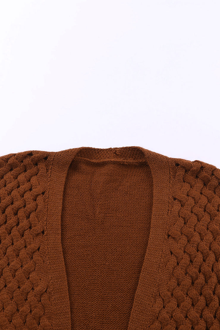 Brown Open Front Woven Texture Knitted Cardigan with Pockets