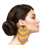 Yellow and Gold Bead Eye Fringe Earrings