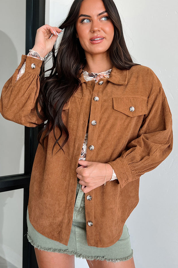 Cinnamon Corduroy Flap Pocket Button Up Round Hem Shacket