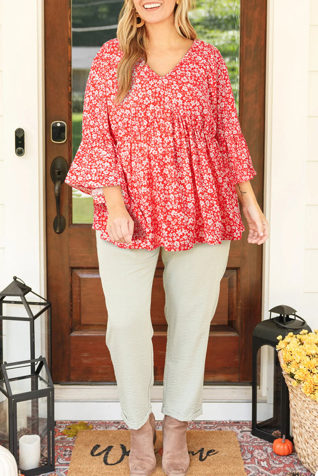 Red Plus Size Floral V Neck Flared Bracelet Sleeve Blouse