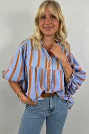 Sky Blue Stripe Crinckled Ruffled Sleeve Button up Loose Shirt