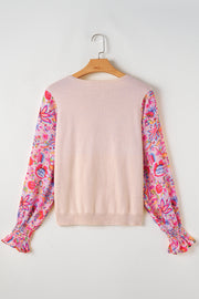 Oatmeal Floral Printed Patchwork Smocked Lantern Sleeve Knit Top