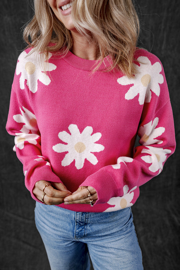 Bright Pink Daisy Flower Crew Neck Long Sleeve Sweater