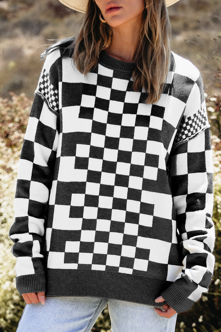 Black Checkered Print Drop Shoulder Round Neck Sweater