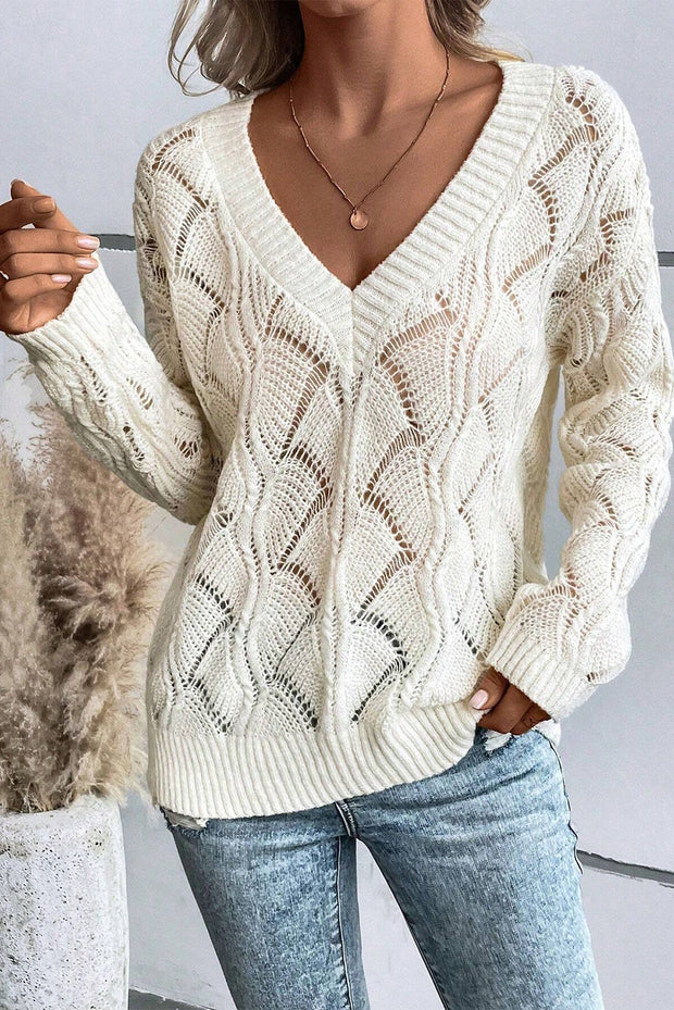 Beige Hollow Out Knit V Neck Drop Shoulder Sweater