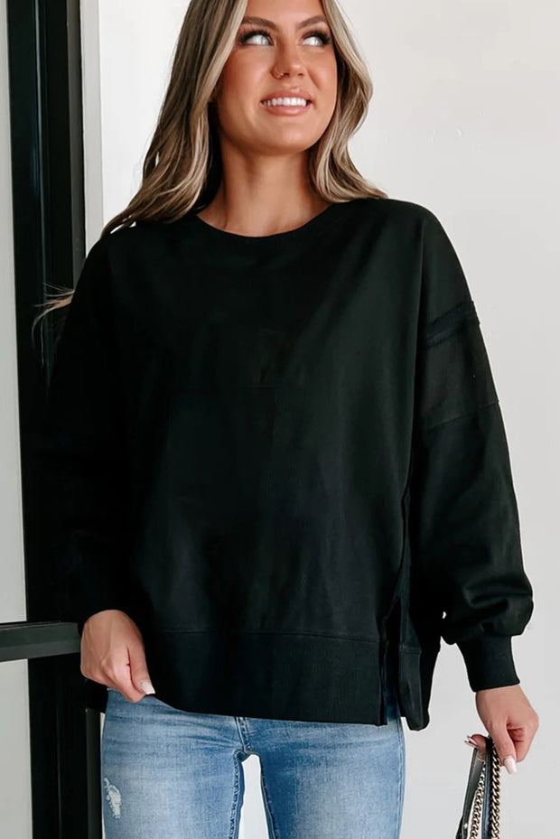 Black Exposed Seam Drop Shoulder Round Neck Sweatshirt with Slits