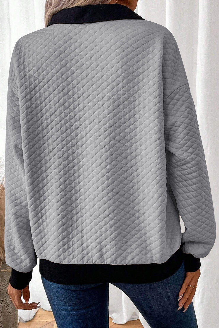 Light Grey Textured Colorblock Edge Buttoned Collar Sweatshirt