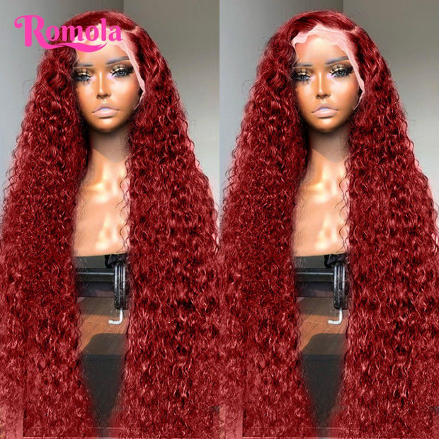 Burgundy 13x6 Hd Lace Frontal Human Hair Wig 13x4 Curly Wigs Remy Pre Plucked Wigs For Women Brazilian Deep Wave Frontal Wig