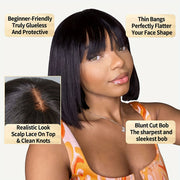 Straight Human Hair Wigs With Bangs Full Machine Made Wig Cheap Brazilian Hair Wigs Short Bob Wigs 3x1 HD Lace Wigs