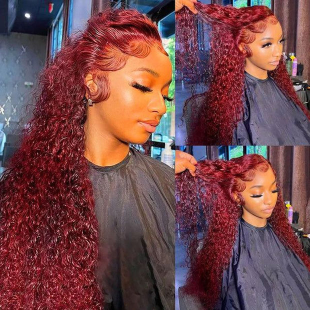 Burgundy 13x6 Hd Lace Frontal Human Hair Wig 13x4 Curly Wigs Remy Pre Plucked Wigs For Women Brazilian Deep Wave Frontal Wig