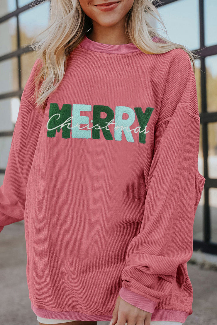 Strawberry Pink MERRY Christmas Chenille Embroidered Corded Sweatshirt