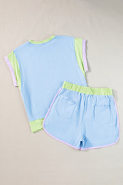 Blue Contrast Trim Cap Sleeve Tee Shorts Set