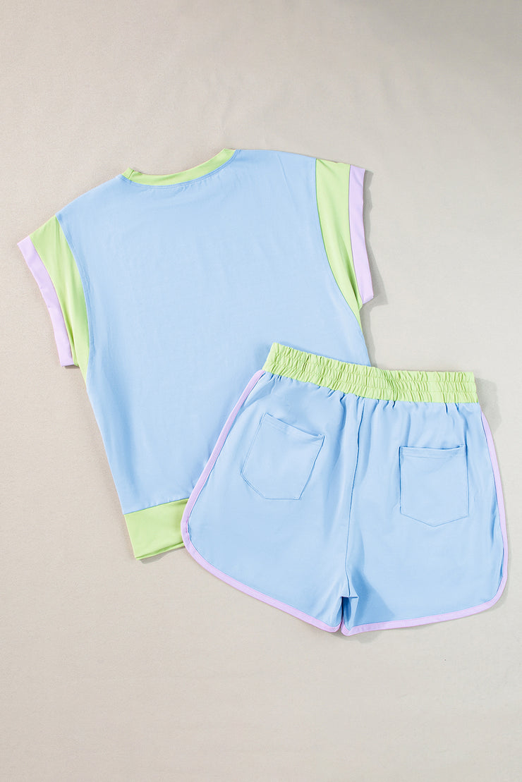 Blue Contrast Trim Cap Sleeve Tee Shorts Set