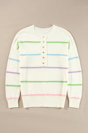 White Rainbow Stripes Drop Shoulder Baggy Henley Sweater