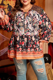 Black Plus Size Paisley Floral Print V Neck Bubble Sleeve Blouse